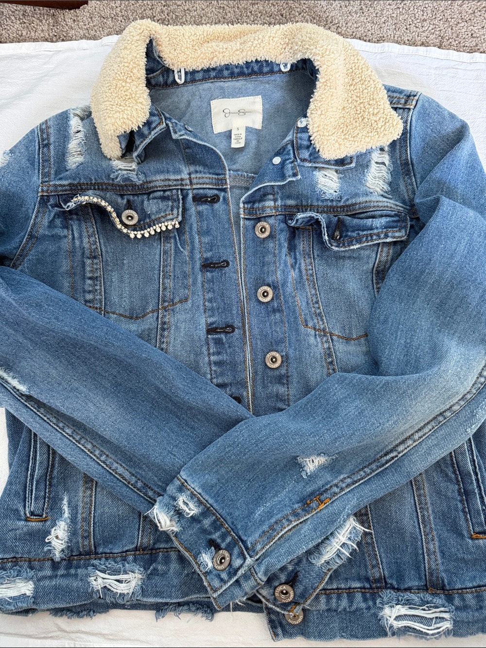 Jessica Simpson Light Blue Distressed Denim Jacket with Cream Sherpa Collar